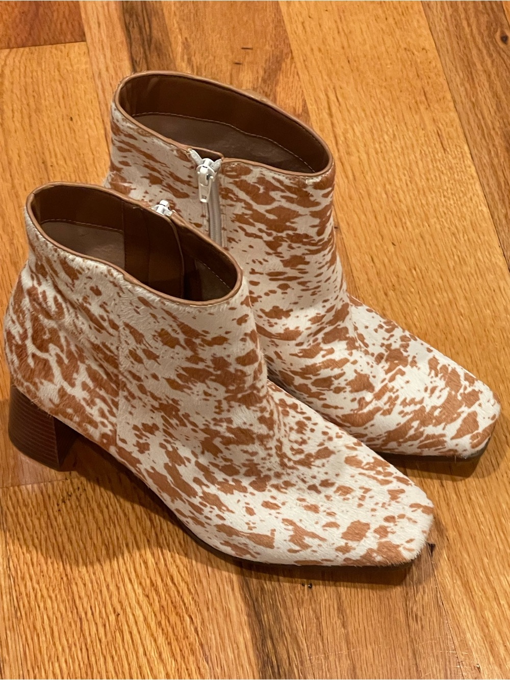 INC International Concepts White and Brown Cowprint Ankle Booties